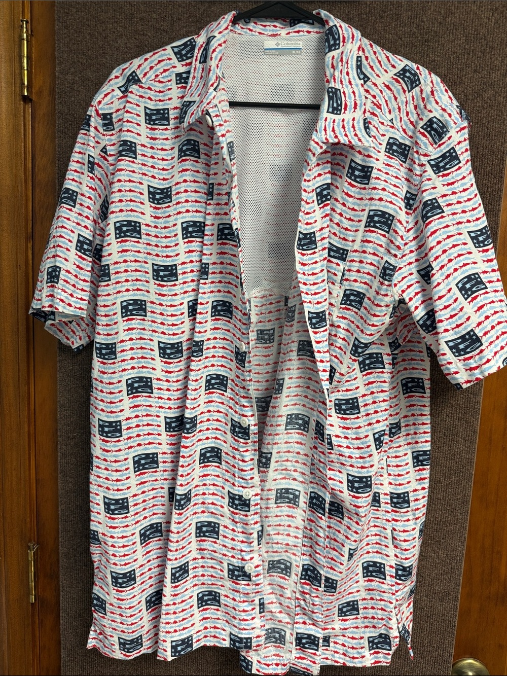 Columbia White Short-Sleeve Button-Down Shirt with Red & Navy Print